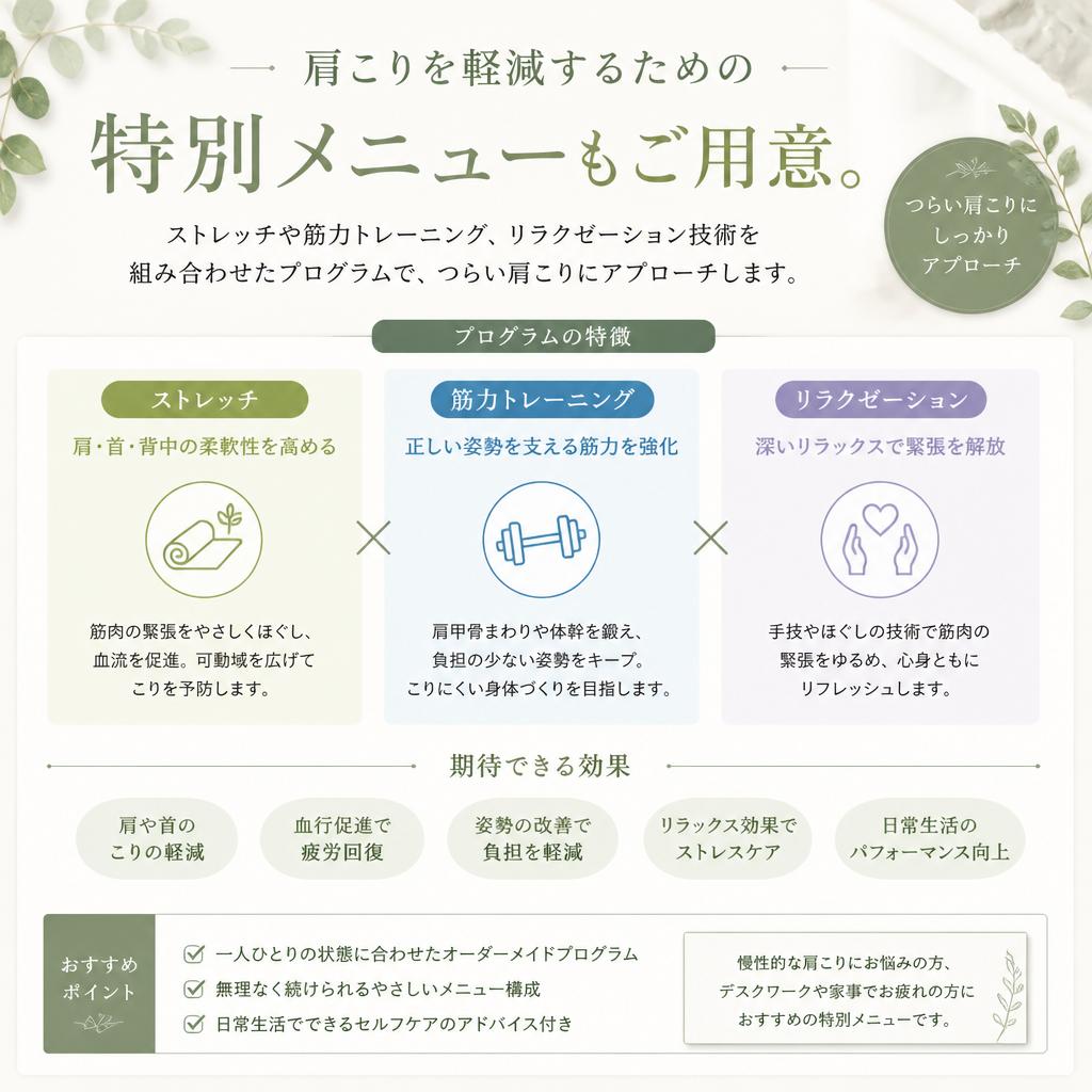 肩こり解消メニューのご紹介