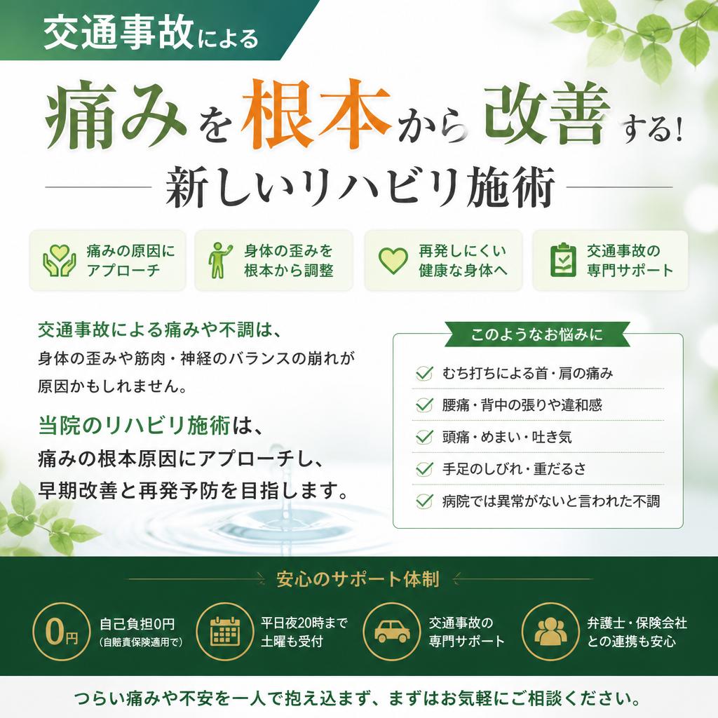 交通事故による痛みを根本から改善する！新しいリハビリ施術