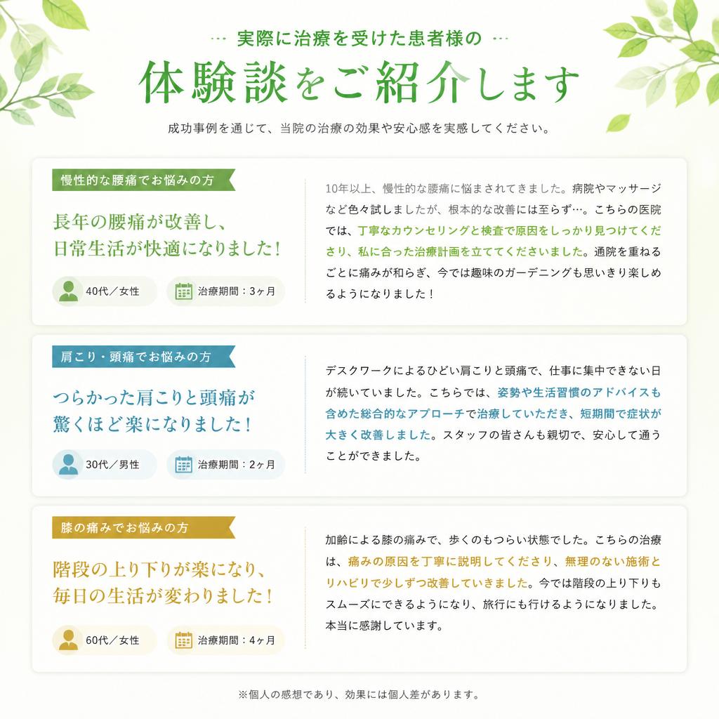 患者様の声 - 体験談を通じた信頼感向上