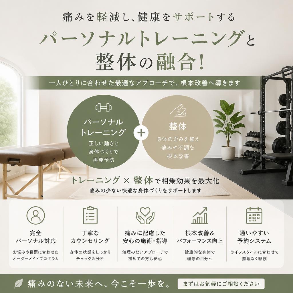 痛みを軽減し、健康をサポートするパーソナルトレーニングと整体の融合！