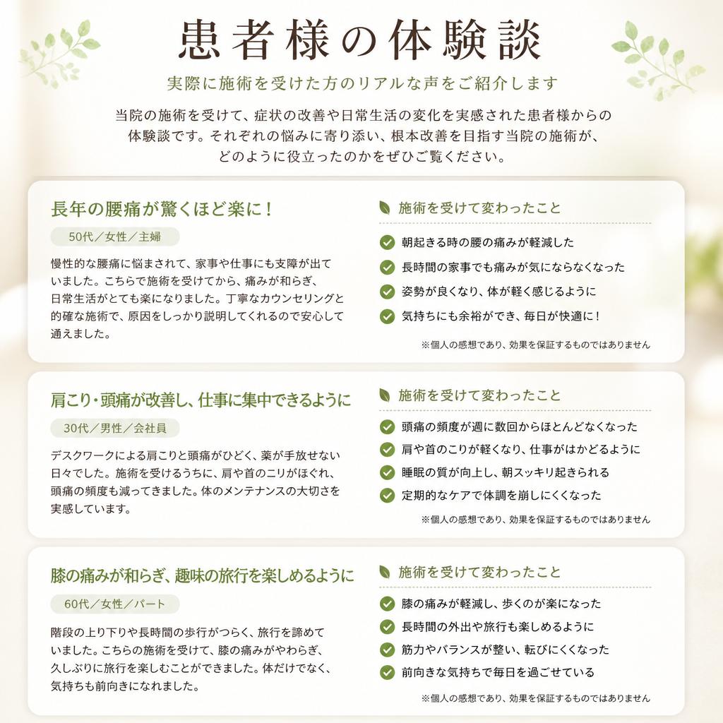 患者様の声:施術効果と安心の声